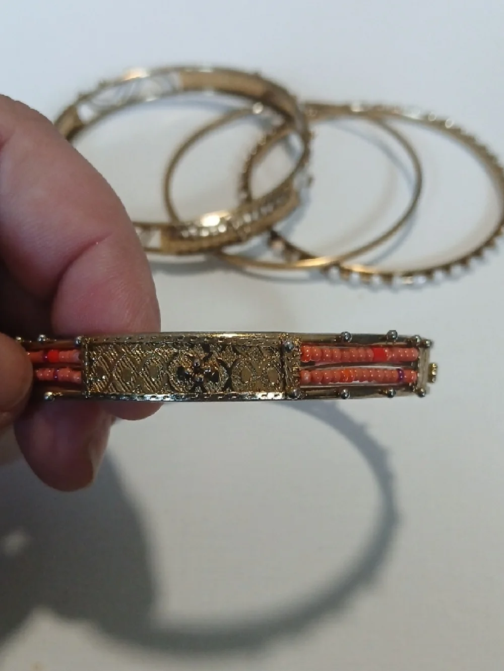 Boho Festival Gold-Tone Women's Bangle Bracelet Set with Coral & White Accents